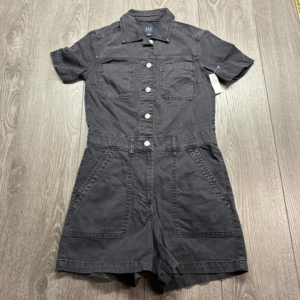 Gap Women Black Denim Utility Romper XXS Short Sleeve Button Front New Nwt